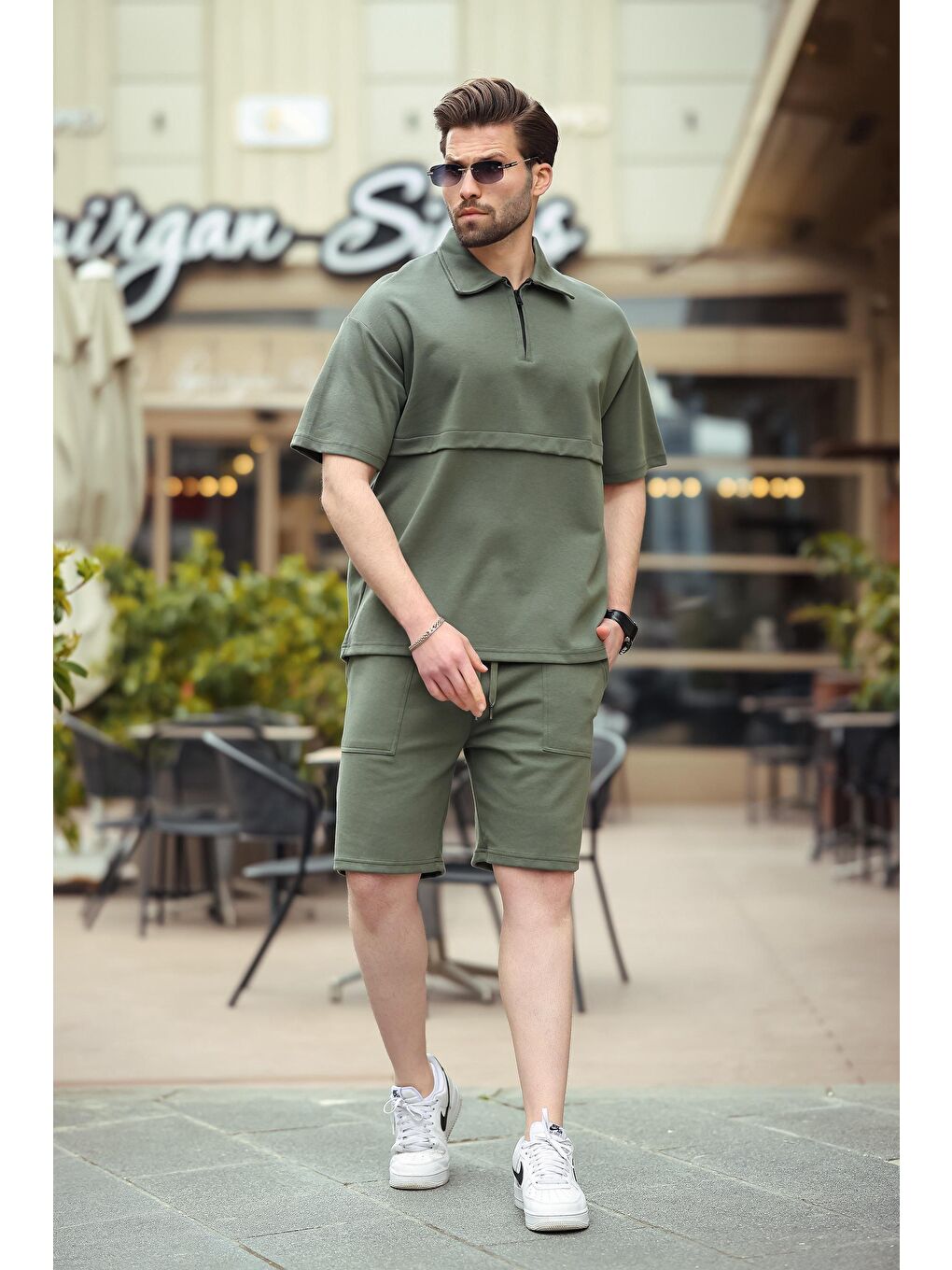 Haki Fermuarlı Polo Yaka Erkek Şort Gömlek Takımı E7314-3