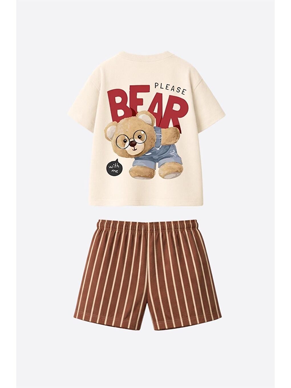 Beyaz Çocuk Pamuklu Bej Ayıcık Baskılı Tişört Çizgili Şort Takım-1