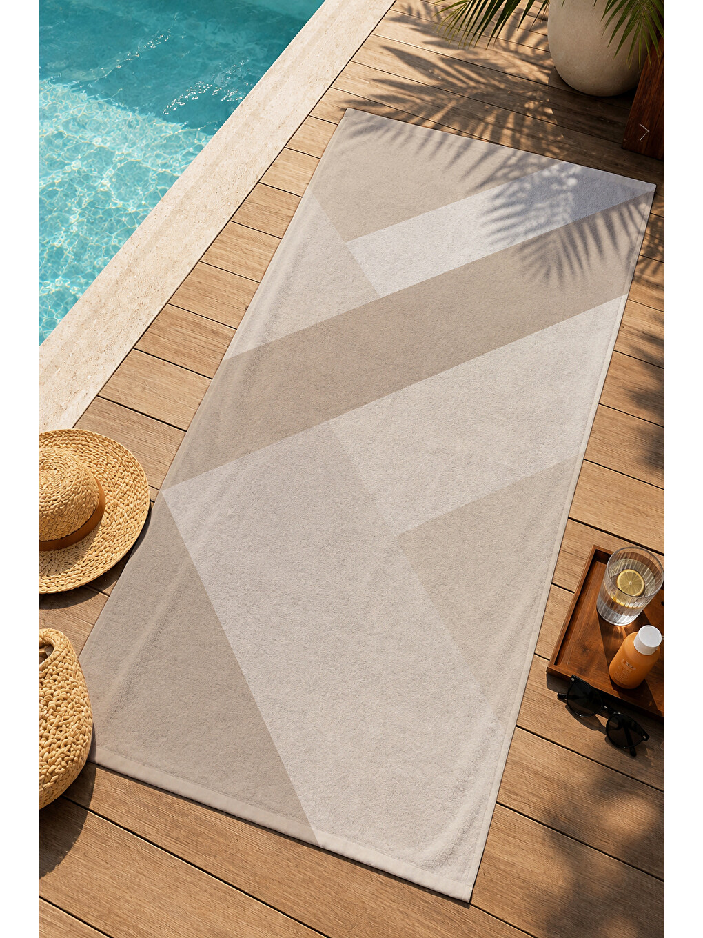 Modern Krem Bej Geometrik Kavisli Soyut Desenli 70x150 Plaj Havlusu - Pamuklu Banyo Havlusu-1