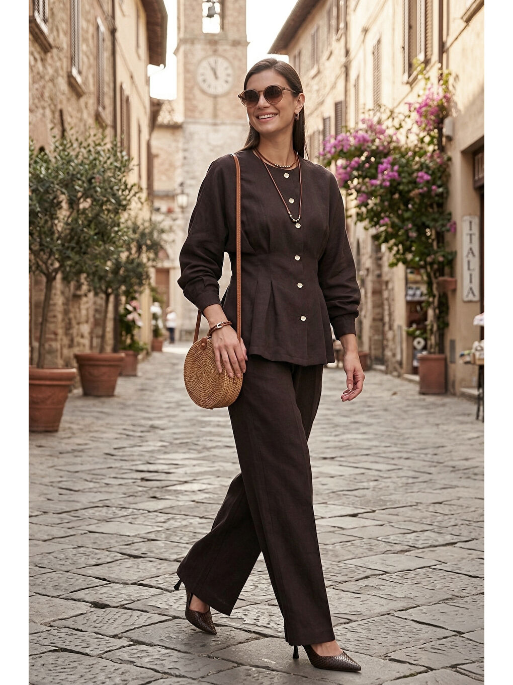 Kahverengi Düğmeli Bisiklet Yaka Yüksek Bel Geniş Paça Kadın Takım 6928930