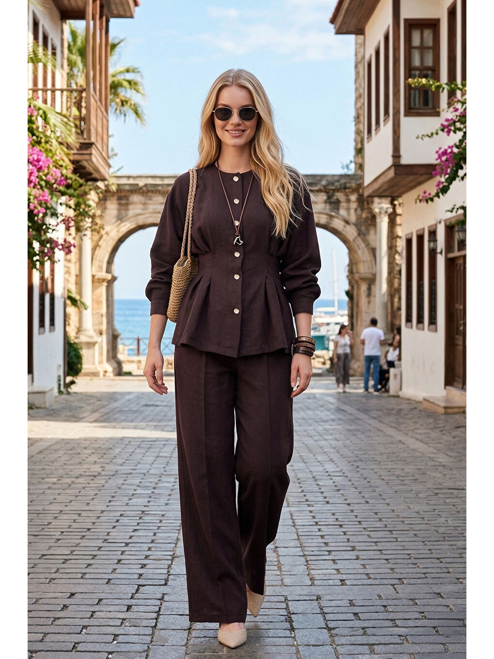 Mürdüm Düğmeli Bisiklet Yaka Yüksek Bel Geniş Paça Kadın Takım 6928930