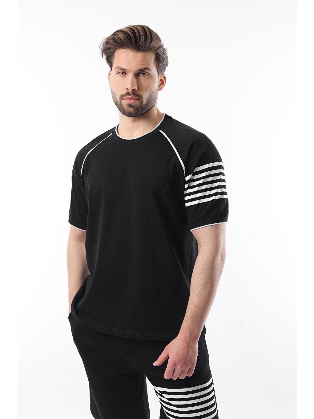Siyah Baskılı Reglan Kol Erkek Şort T-Shirt %100 Pamuk Takımı E7306-2