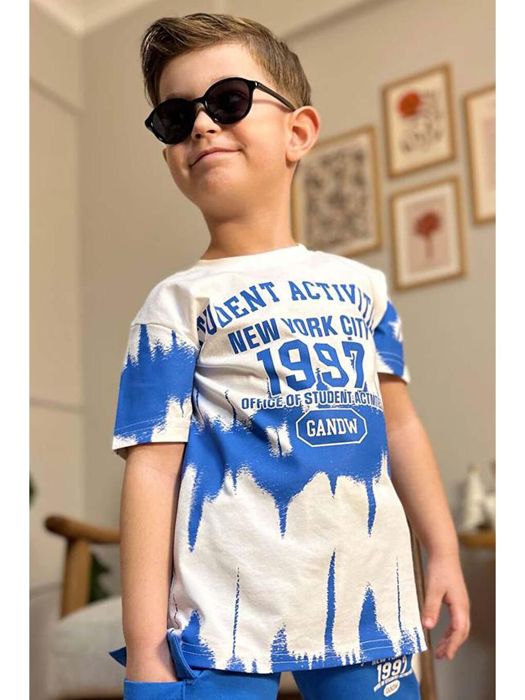 Erkek Çocuk New York City ve Yazı Baskılı T-Shirt Mavi Şortlu Takım-2