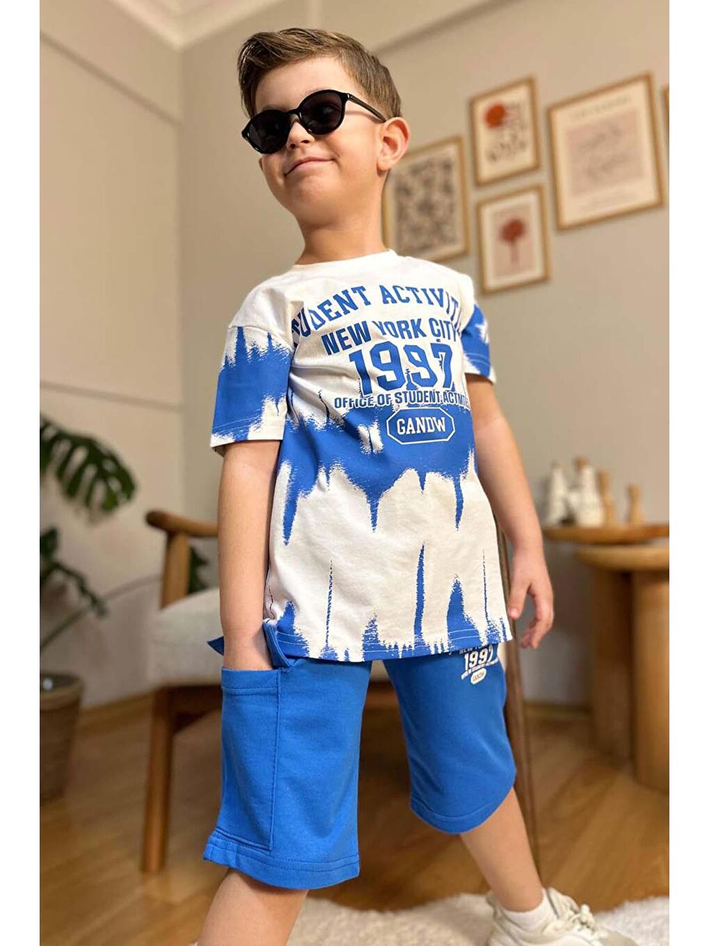 Erkek Çocuk New York City ve Yazı Baskılı T-Shirt Mavi Şortlu Takım-1