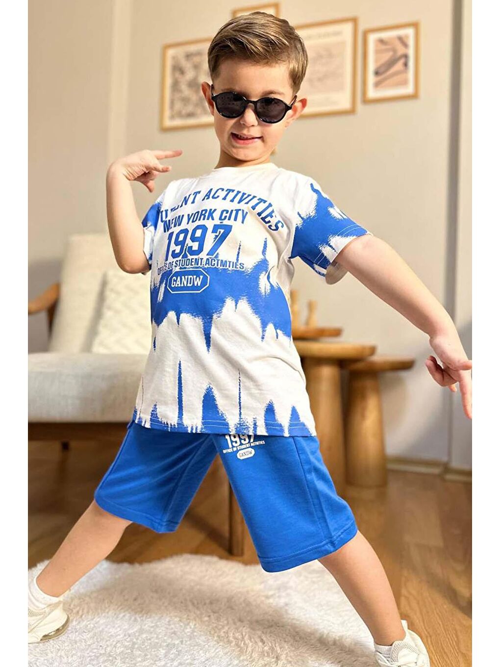 Erkek Çocuk New York City ve Yazı Baskılı T-Shirt Mavi Şortlu Takım