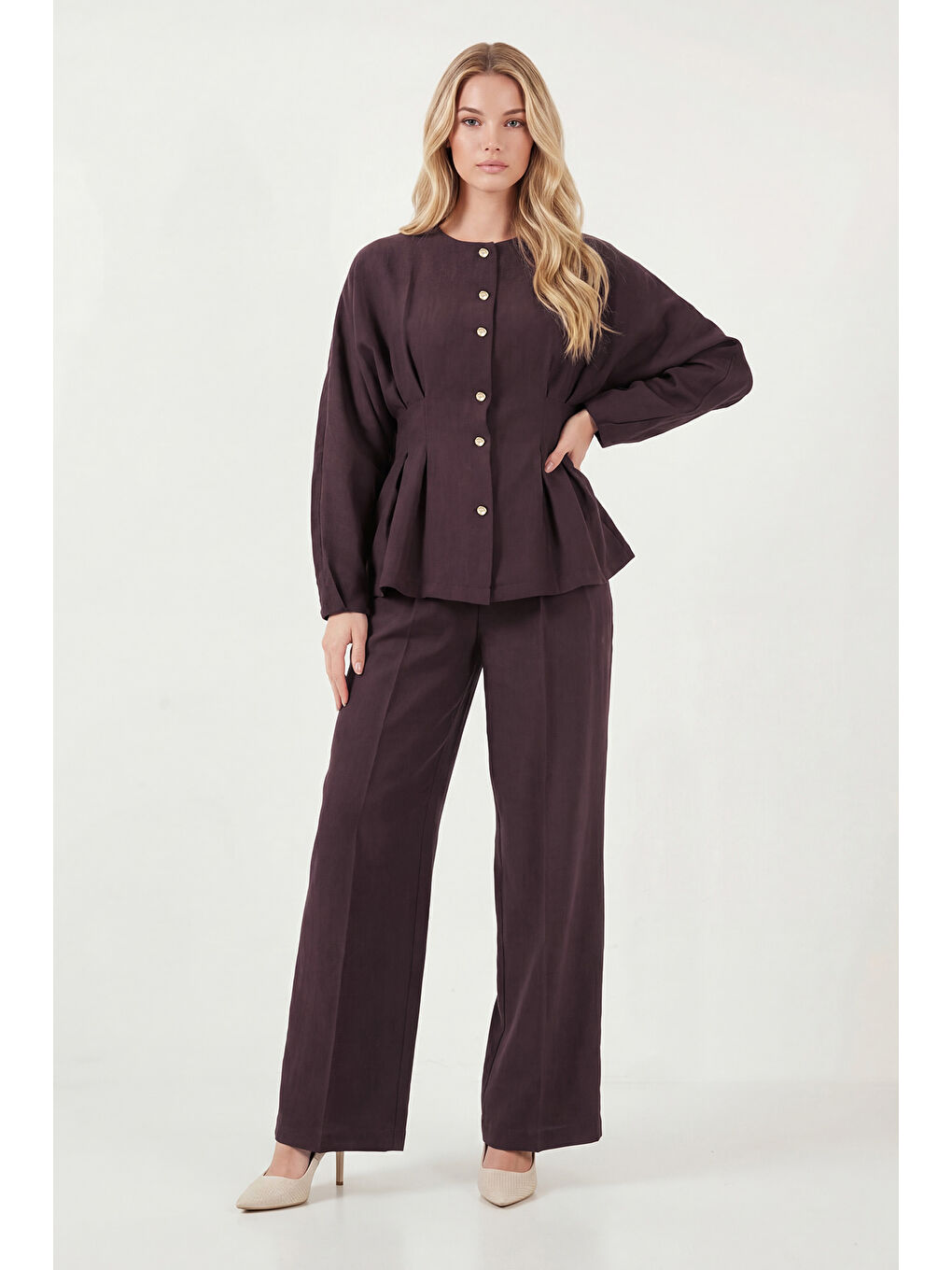 Mürdüm Düğmeli Bisiklet Yaka Yüksek Bel Geniş Paça Kadın Takım 6928930-1