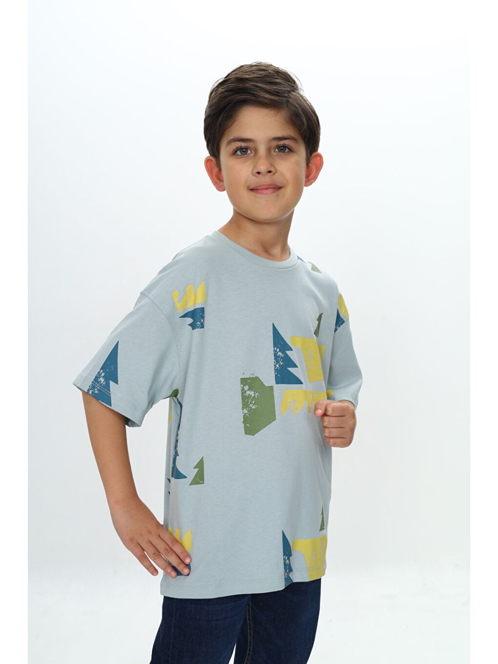 Gri Erkek Çocuk Renkli Grafik Baskılı Tişört-4
