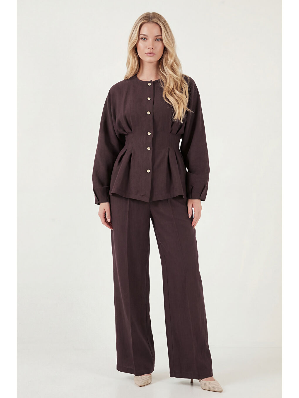 Mürdüm Düğmeli Bisiklet Yaka Yüksek Bel Geniş Paça Kadın Takım 6928930-2