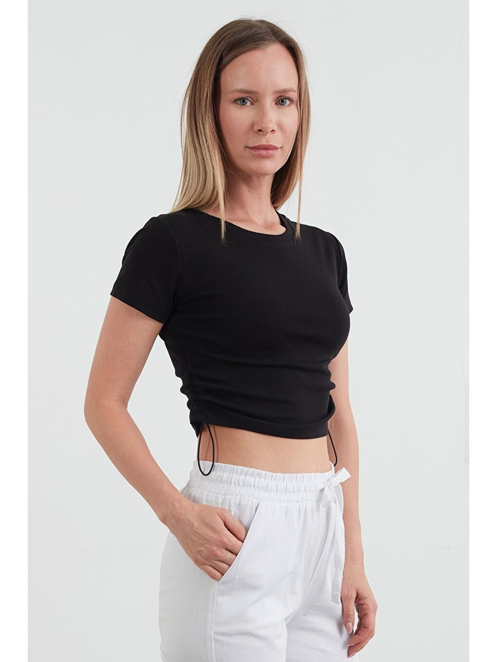 Siyah Basic Yanları Stoperli Crop Tişört-2