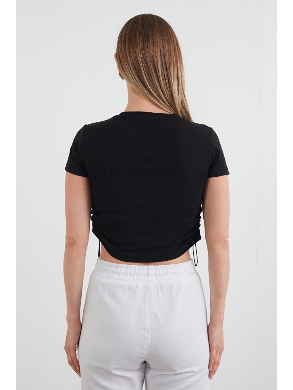 Siyah Basic Yanları Stoperli Crop Tişört-3