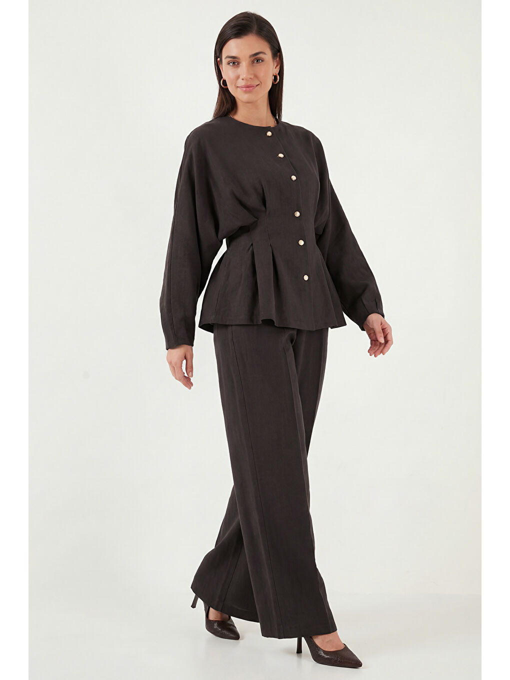 Kahverengi Düğmeli Bisiklet Yaka Yüksek Bel Geniş Paça Kadın Takım 6928930-2