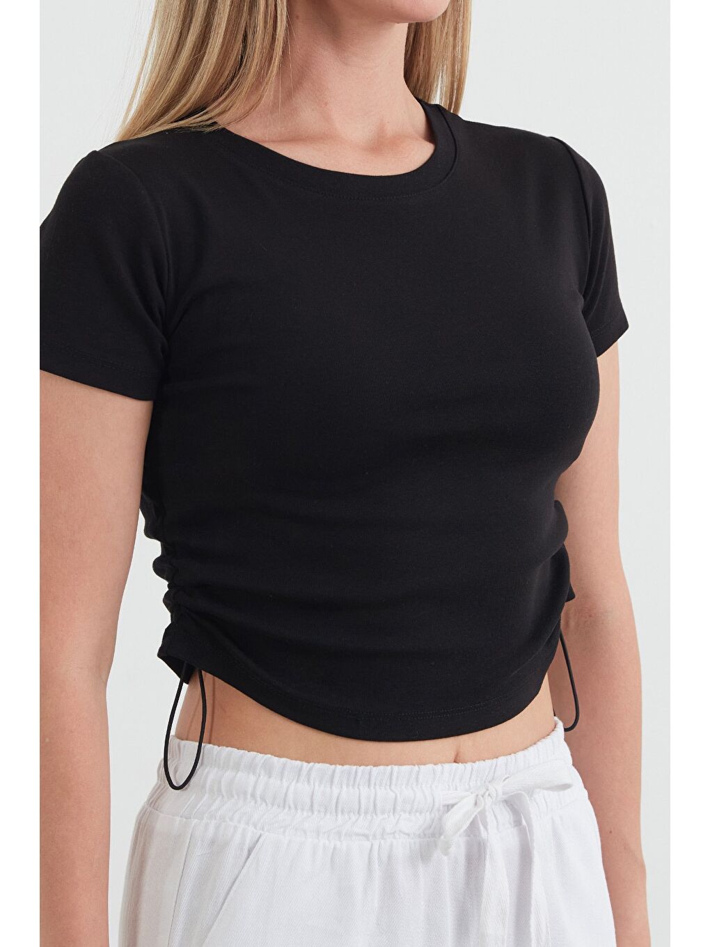 Siyah Basic Yanları Stoperli Crop Tişört-4