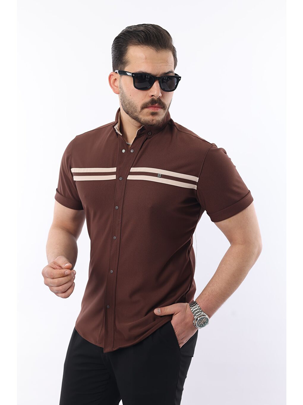 Kahverengi Erkek Kısa Kollu Slim Fit Yazlık Çift Çizgili Gömlek