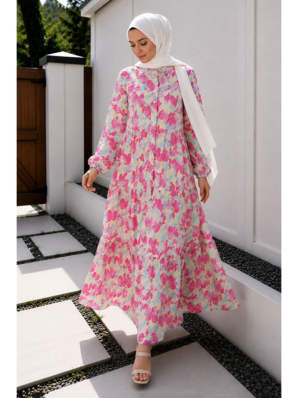 Pat Detaylı Yaprak Desenli Elbise Tsd260261 Pembe