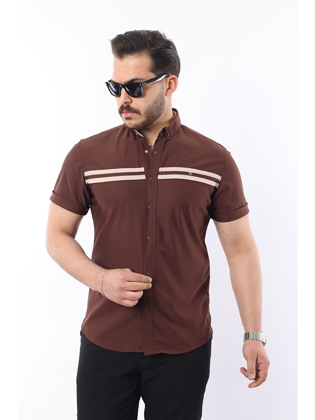 Kahverengi Erkek Kısa Kollu Slim Fit Yazlık Çift Çizgili Gömlek-2