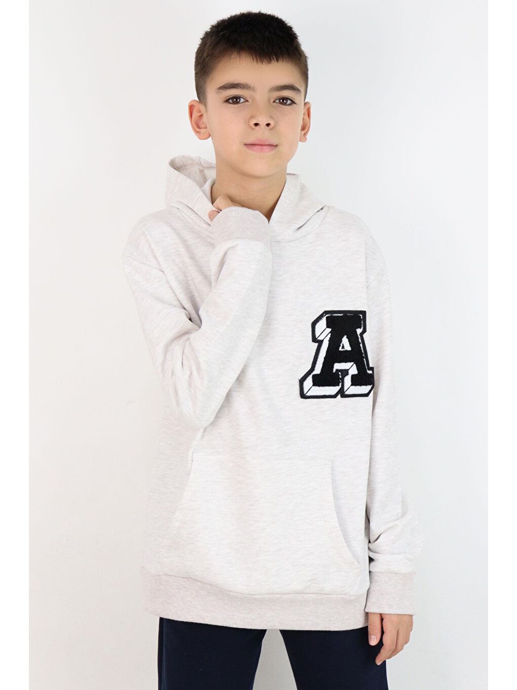 Erkek Çocuk Sweatshirt A Harfi Yazı Nakış Armalı Bej Melanj (9-14 Yaş)