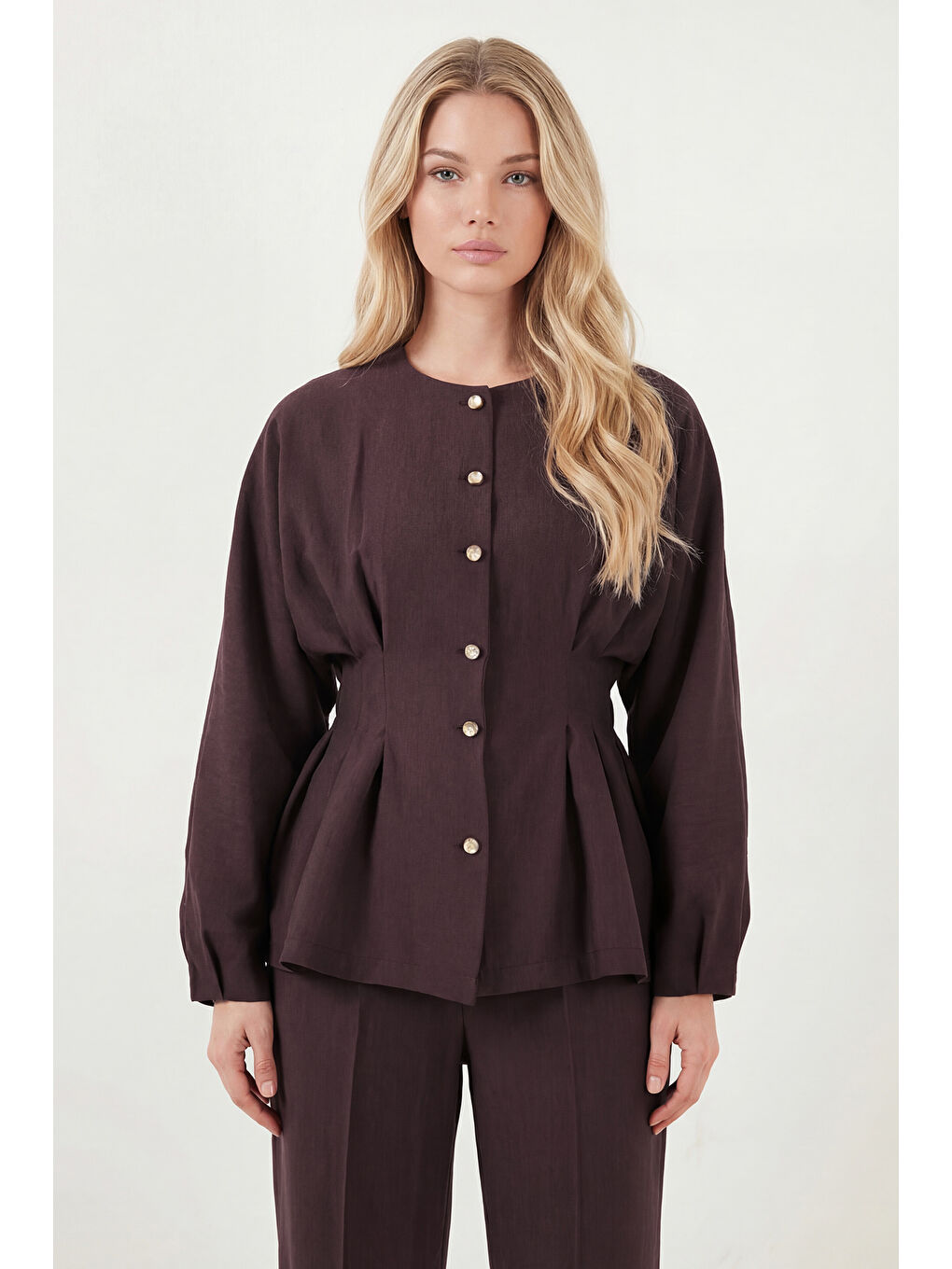 Mürdüm Düğmeli Bisiklet Yaka Yüksek Bel Geniş Paça Kadın Takım 6928930-3