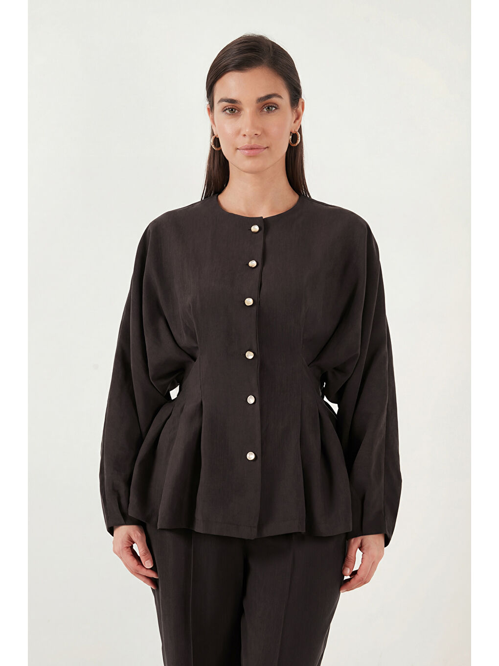 Kahverengi Düğmeli Bisiklet Yaka Yüksek Bel Geniş Paça Kadın Takım 6928930-3