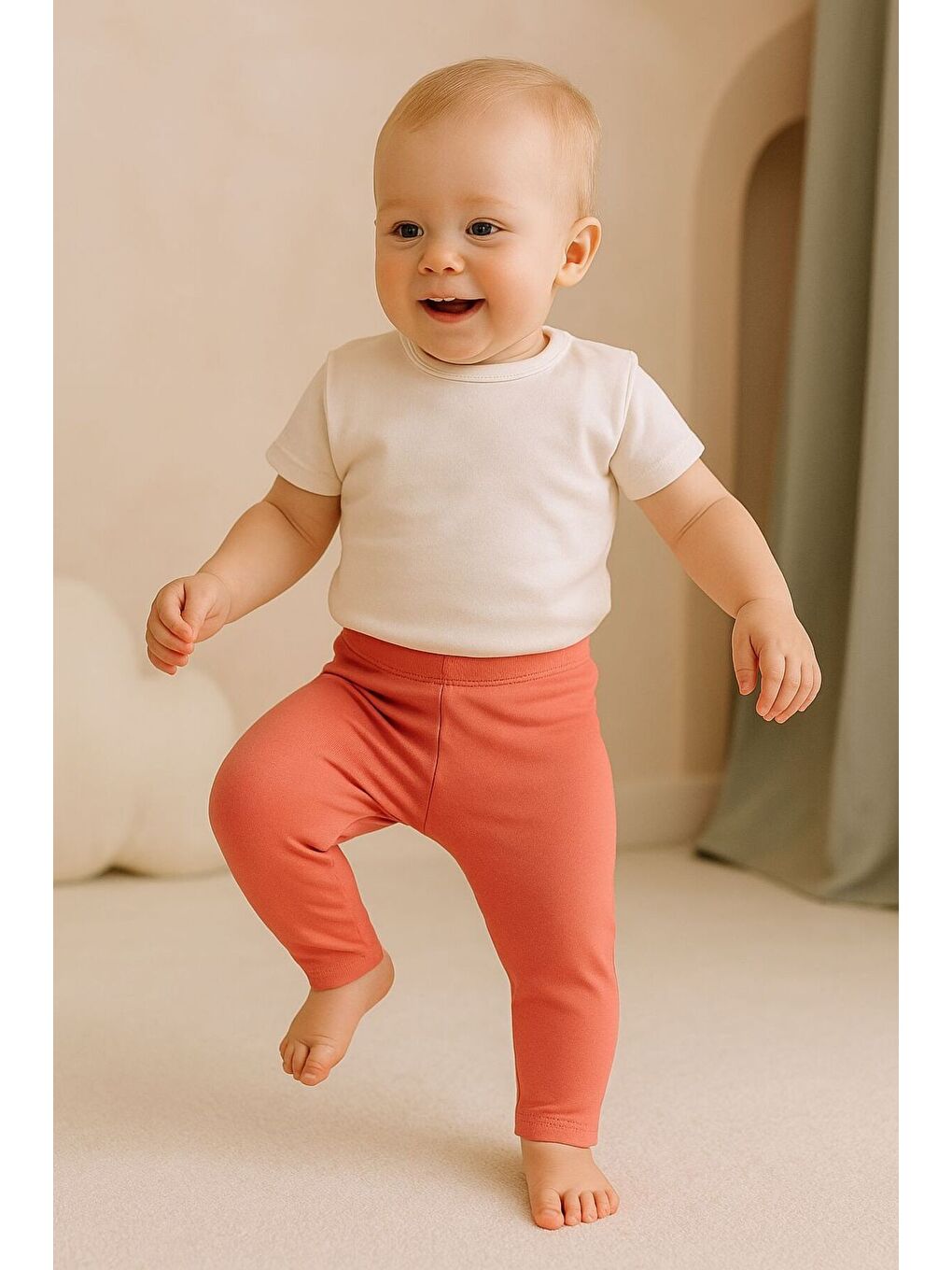 Pembe Unisex Bebek İkili Düz Renkli Organik Kumaş 2'li Tayt Seti İlkbahar Yazlık-1