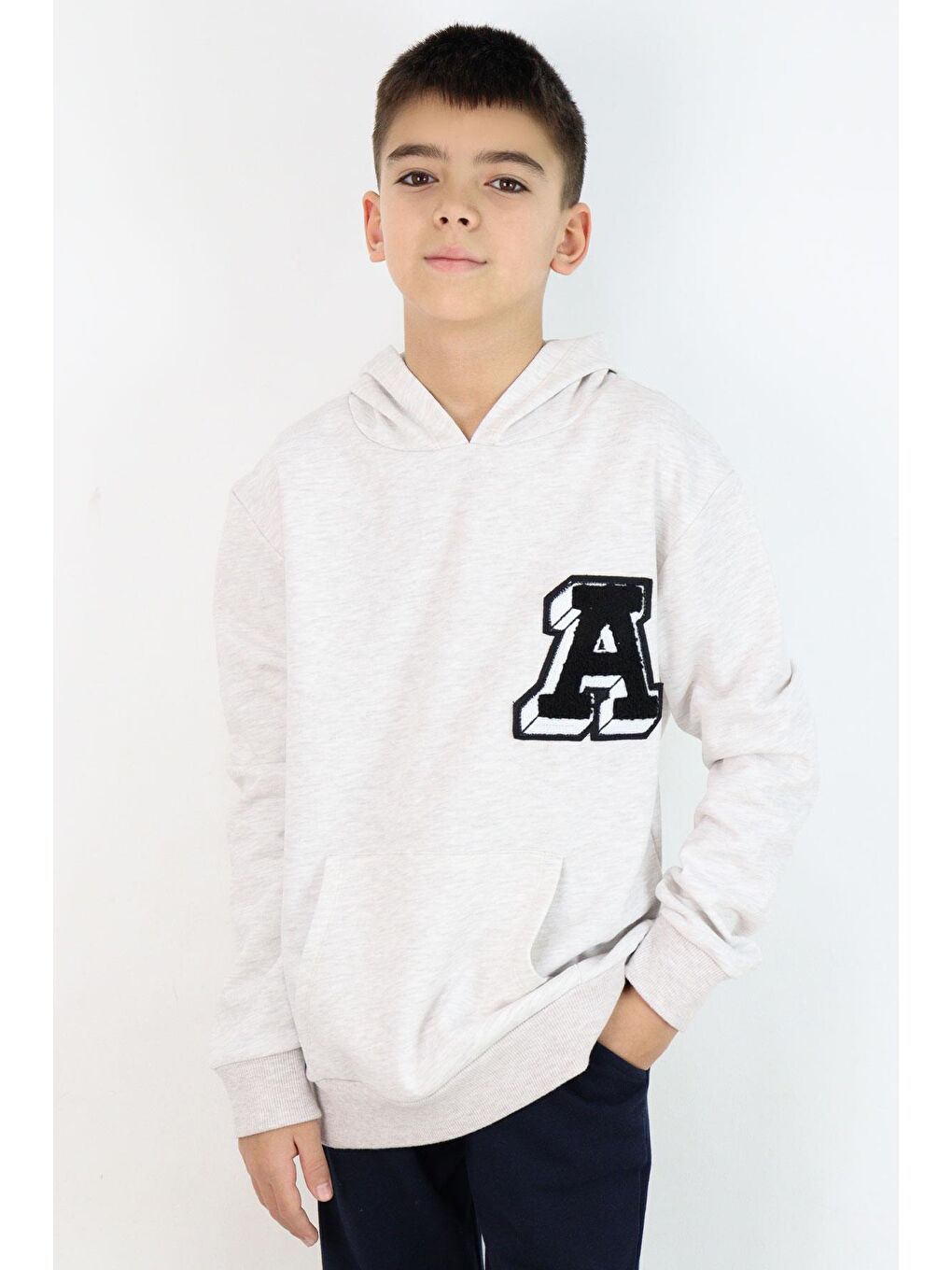 Erkek Çocuk Sweatshirt A Harfi Yazı Nakış Armalı Bej Melanj (9-14 Yaş)-1