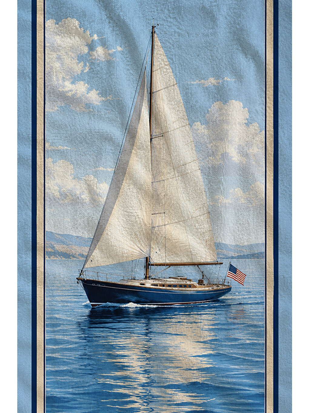 Vintage Mavi Yelkenli Deniz Manzaralı Desenli 70x150 Plaj Havlusu - Dijital Baskılı Banyo Havlusu-2