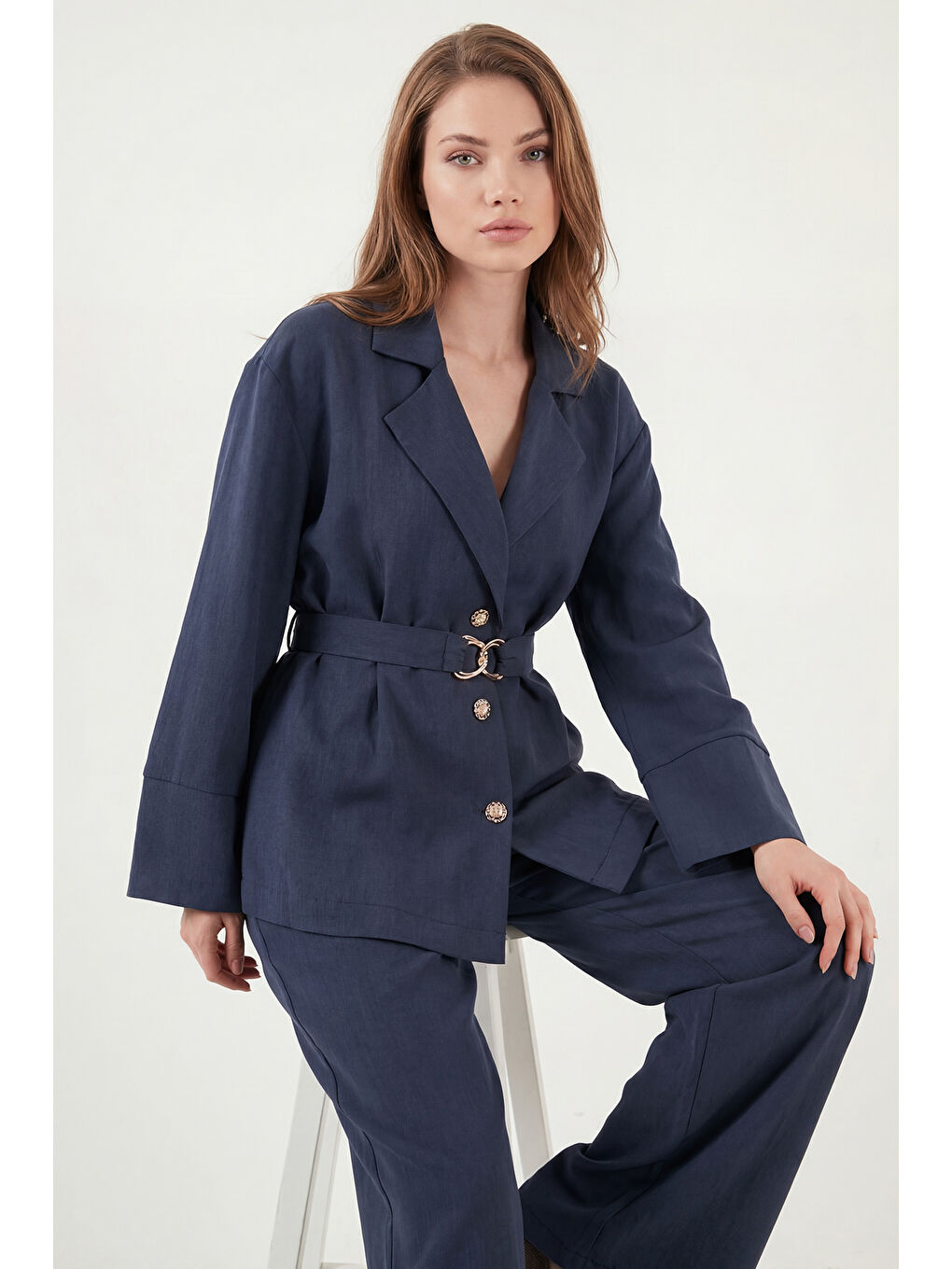 Lacivert Kruvaze Yaka Kemer Detaylı Bol Paça Kadın Takım 6928927-5