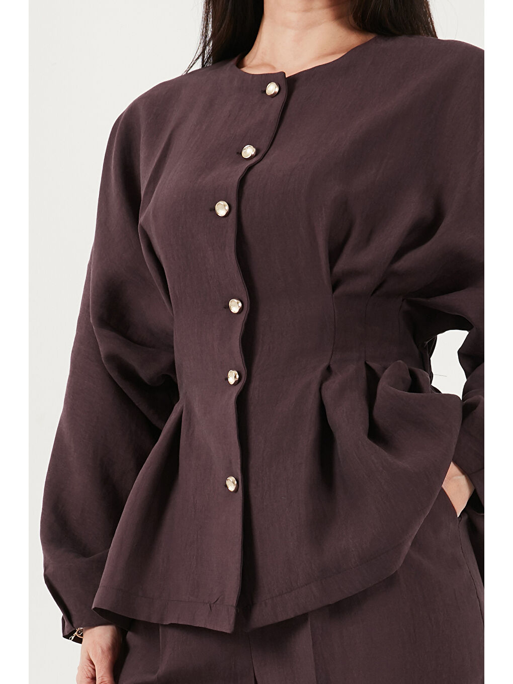 Mürdüm Düğmeli Bisiklet Yaka Yüksek Bel Geniş Paça Kadın Takım 6928930-4