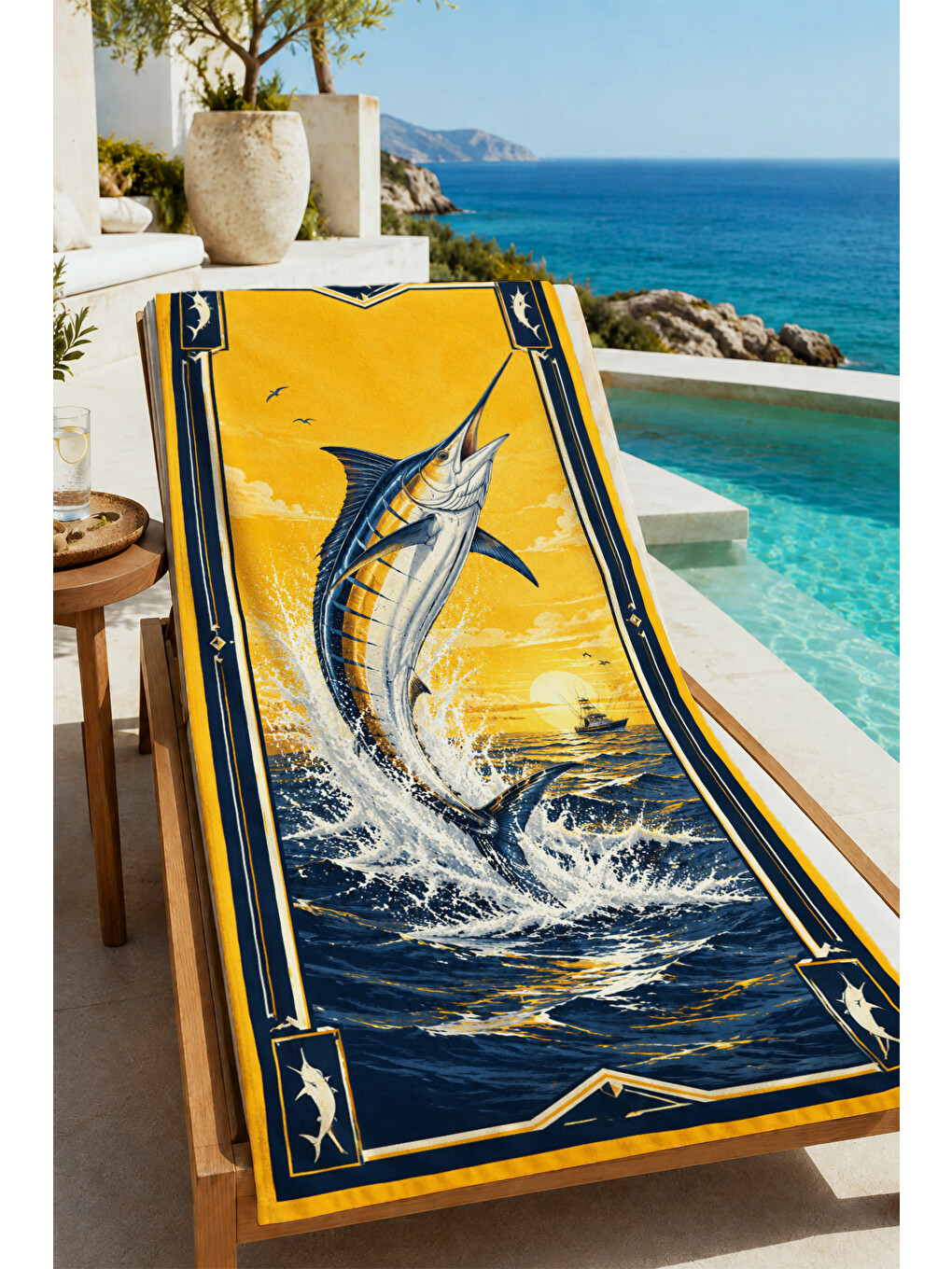 Vintage Marlin Balığı Sarı Desenli 70x150 Plaj Havlusu - Dijital Baskılı Solmaz Banyo Havlusu-1