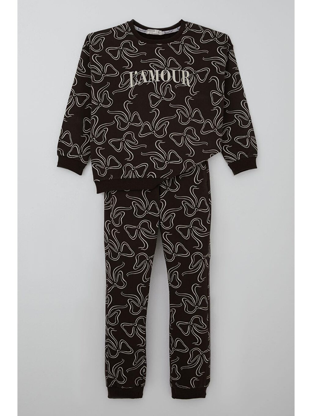 Kahverengi Kız Çocuk Eşofman Takımı Fiyonk Desenli Bağcık Aksesuarlı Koyu Kahve (4-8 Yaş)