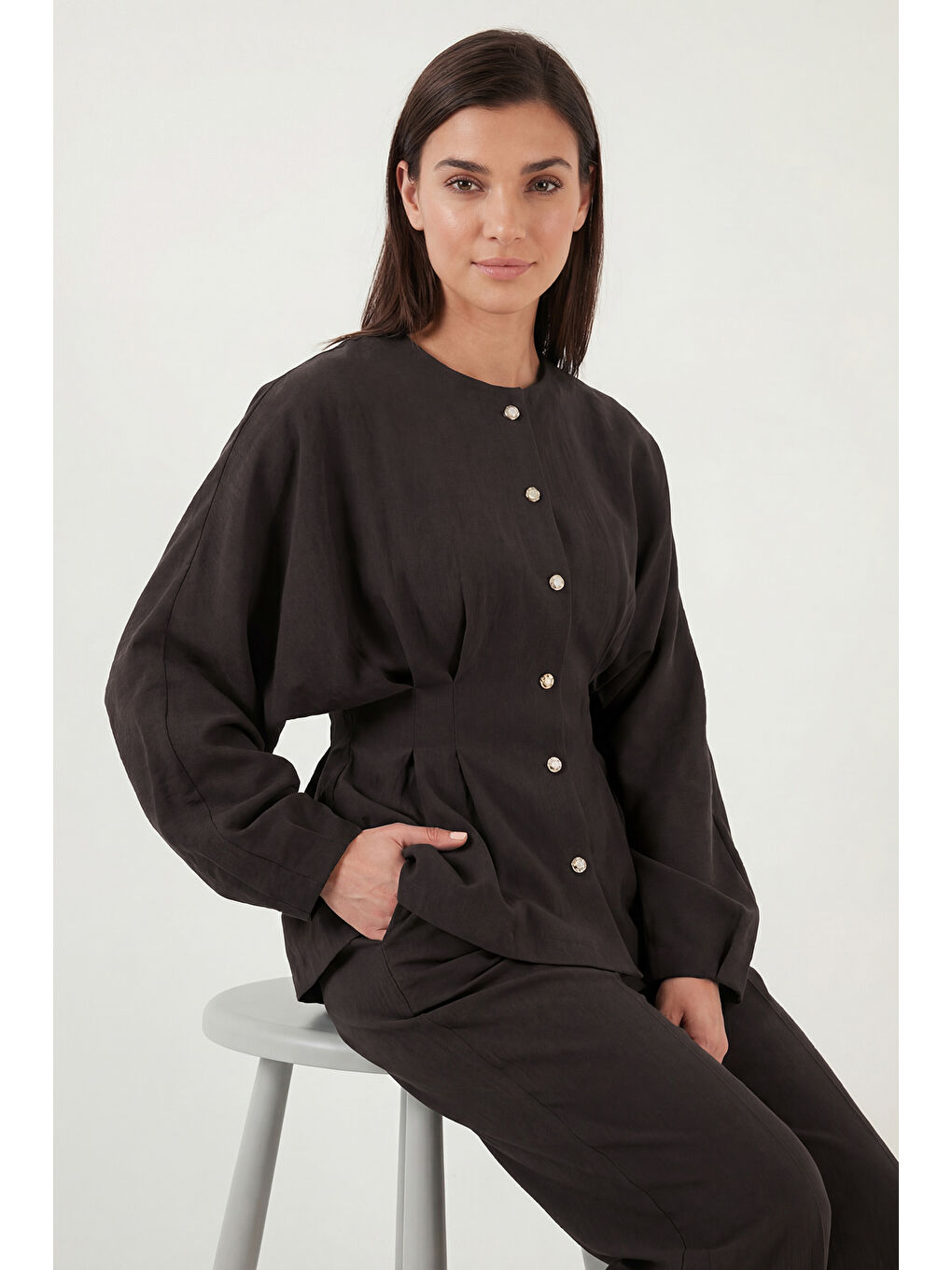 Kahverengi Düğmeli Bisiklet Yaka Yüksek Bel Geniş Paça Kadın Takım 6928930-4