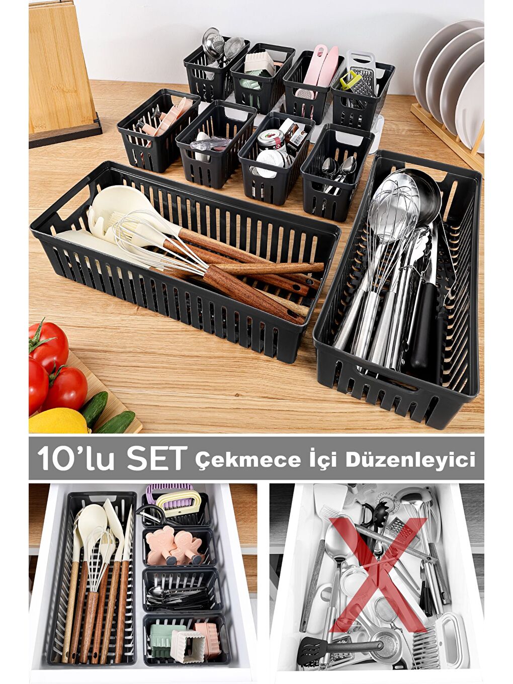 10 Parça Modüler Çekmece İçi Organizer Set - Banyo Mutfak Makyaj Aksesuar Ofis Düzenleyici Siyah