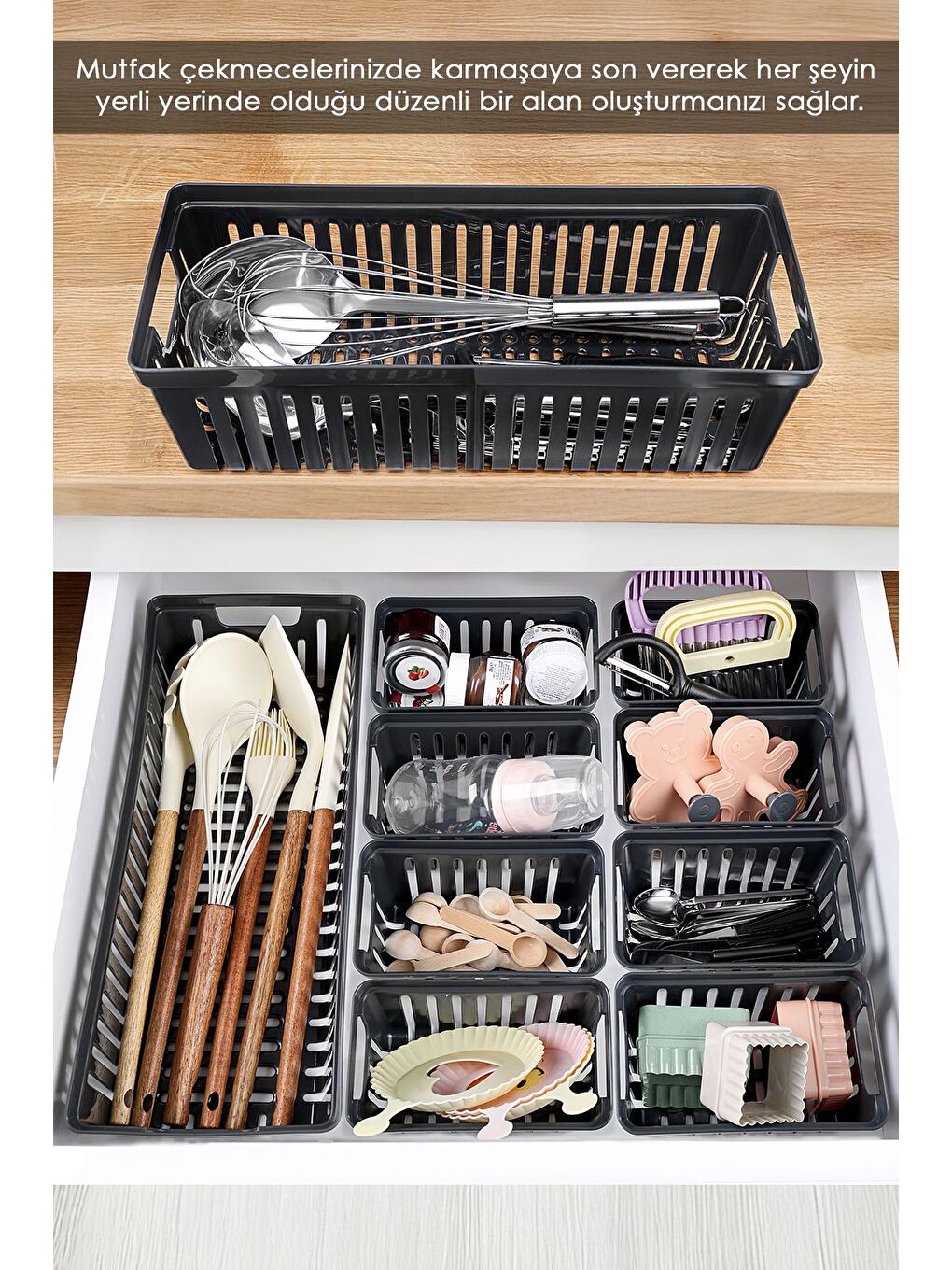 10 Parça Modüler Çekmece İçi Organizer Set - Banyo Mutfak Makyaj Aksesuar Ofis Düzenleyici Siyah-1