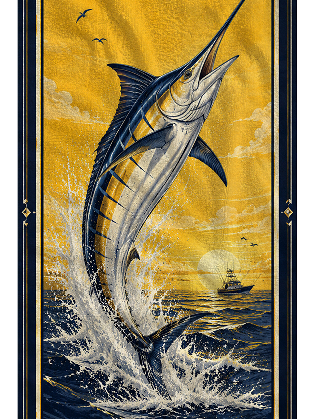 Vintage Marlin Balığı Sarı Desenli 70x150 Plaj Havlusu - Dijital Baskılı Solmaz Banyo Havlusu-2