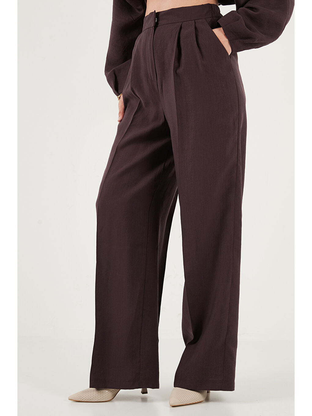 Mürdüm Düğmeli Bisiklet Yaka Yüksek Bel Geniş Paça Kadın Takım 6928930-5