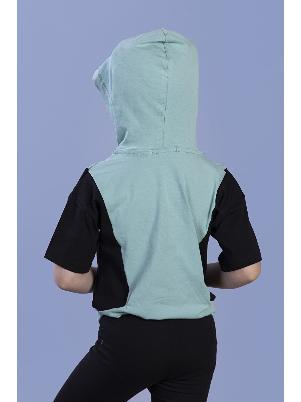 Yeşil Kız Çocuk Kapüşonlu Garni Detaylı Baskılı Tişört-1