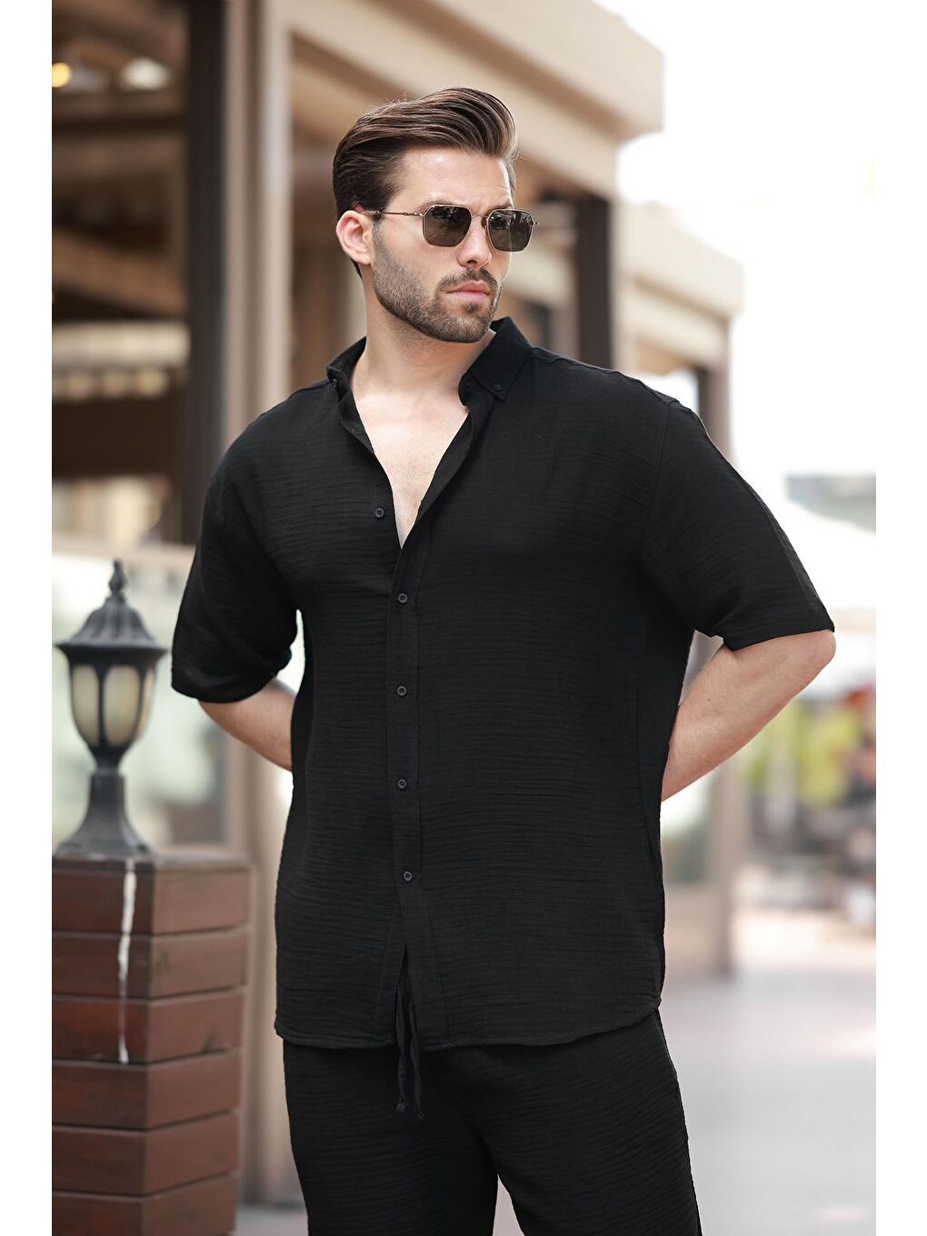 Siyah Basic Erkek Şort Gömlek Takım E7321-1