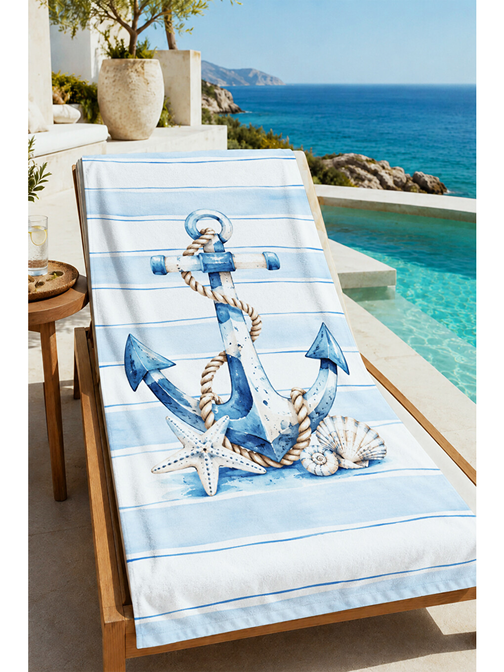 Nautical Çapa Halat Mavi Beyaz Çizgili Desenli 70x150 Plaj Havlusu - Dijital Baskılı Banyo Havlusu-1