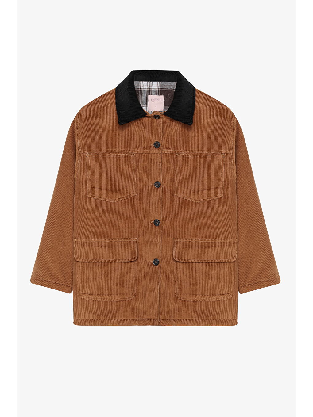 Kontrast Yaka Cepli Oversize Kadife Ceket Kahverengi