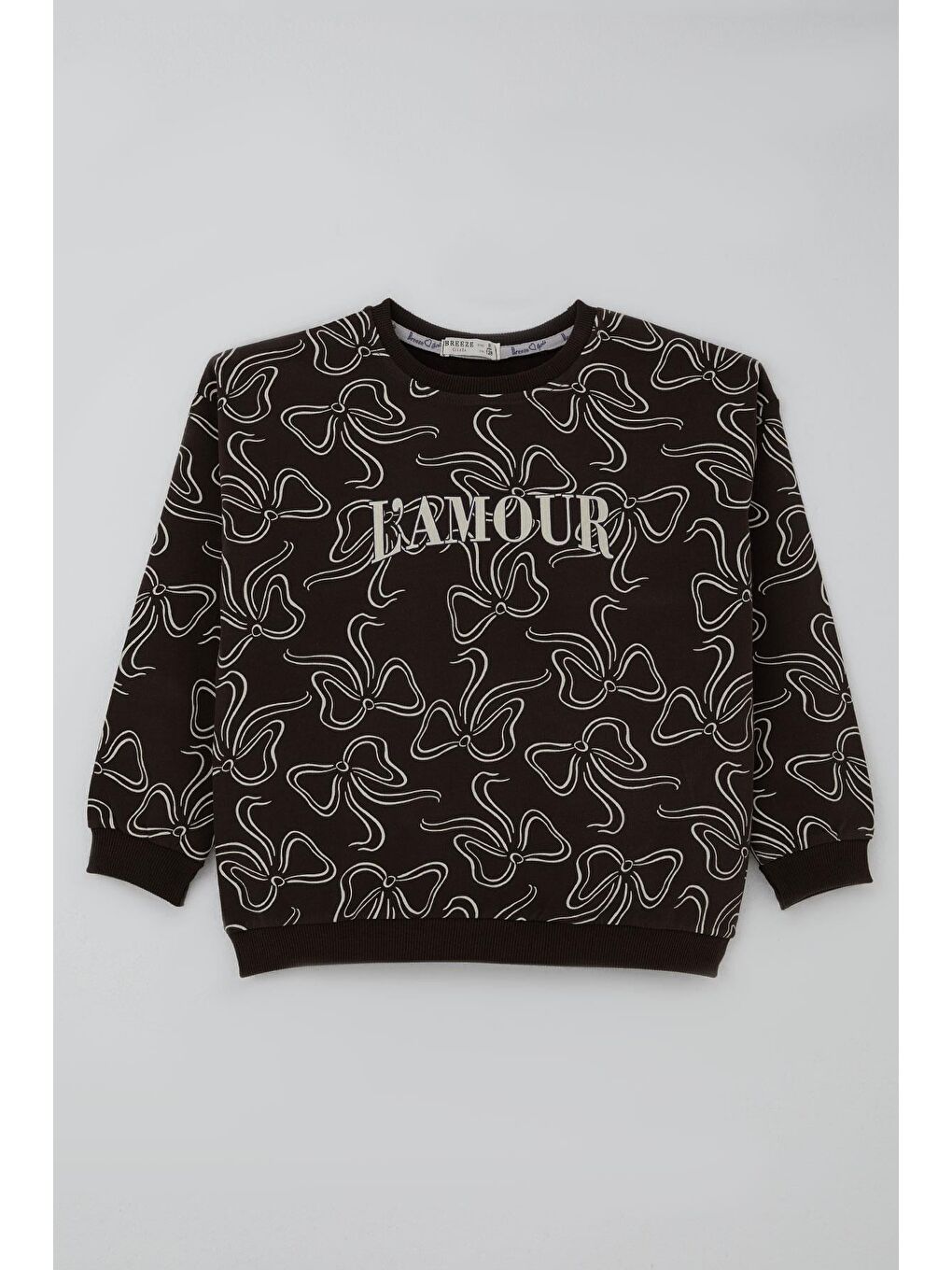 Kahverengi Kız Çocuk Eşofman Takımı Fiyonk Desenli Bağcık Aksesuarlı Koyu Kahve (4-8 Yaş)-1