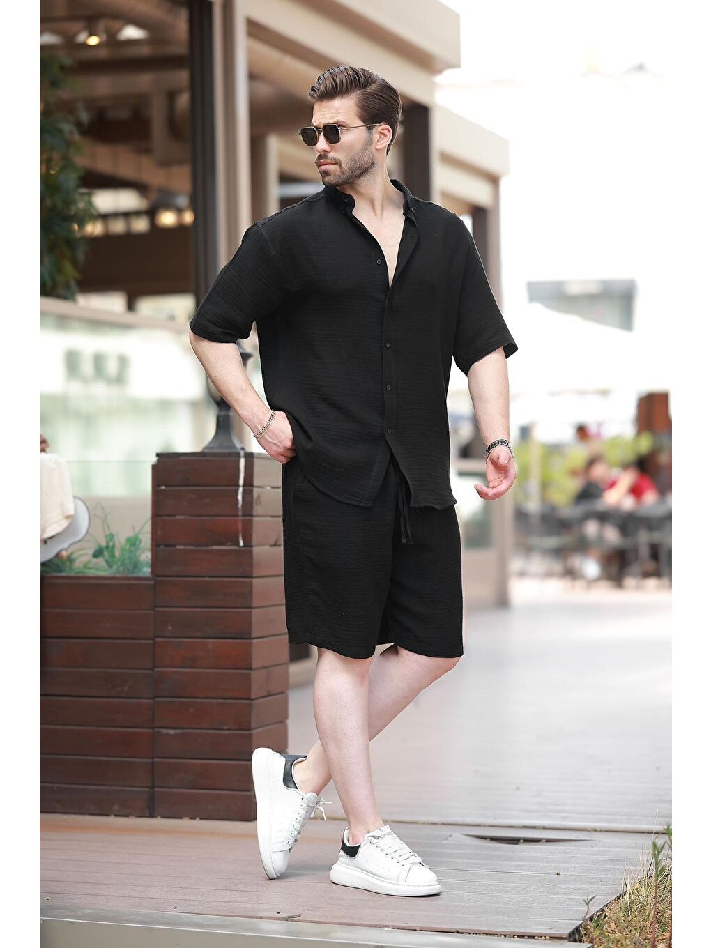 Siyah Basic Erkek Şort Gömlek Takım E7321-2