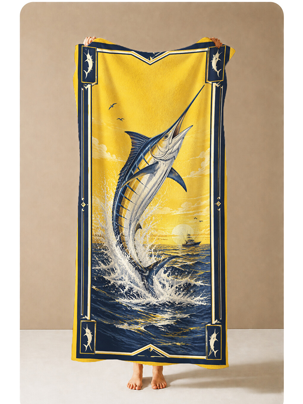Vintage Marlin Balığı Sarı Desenli 70x150 Plaj Havlusu - Dijital Baskılı Solmaz Banyo Havlusu-3