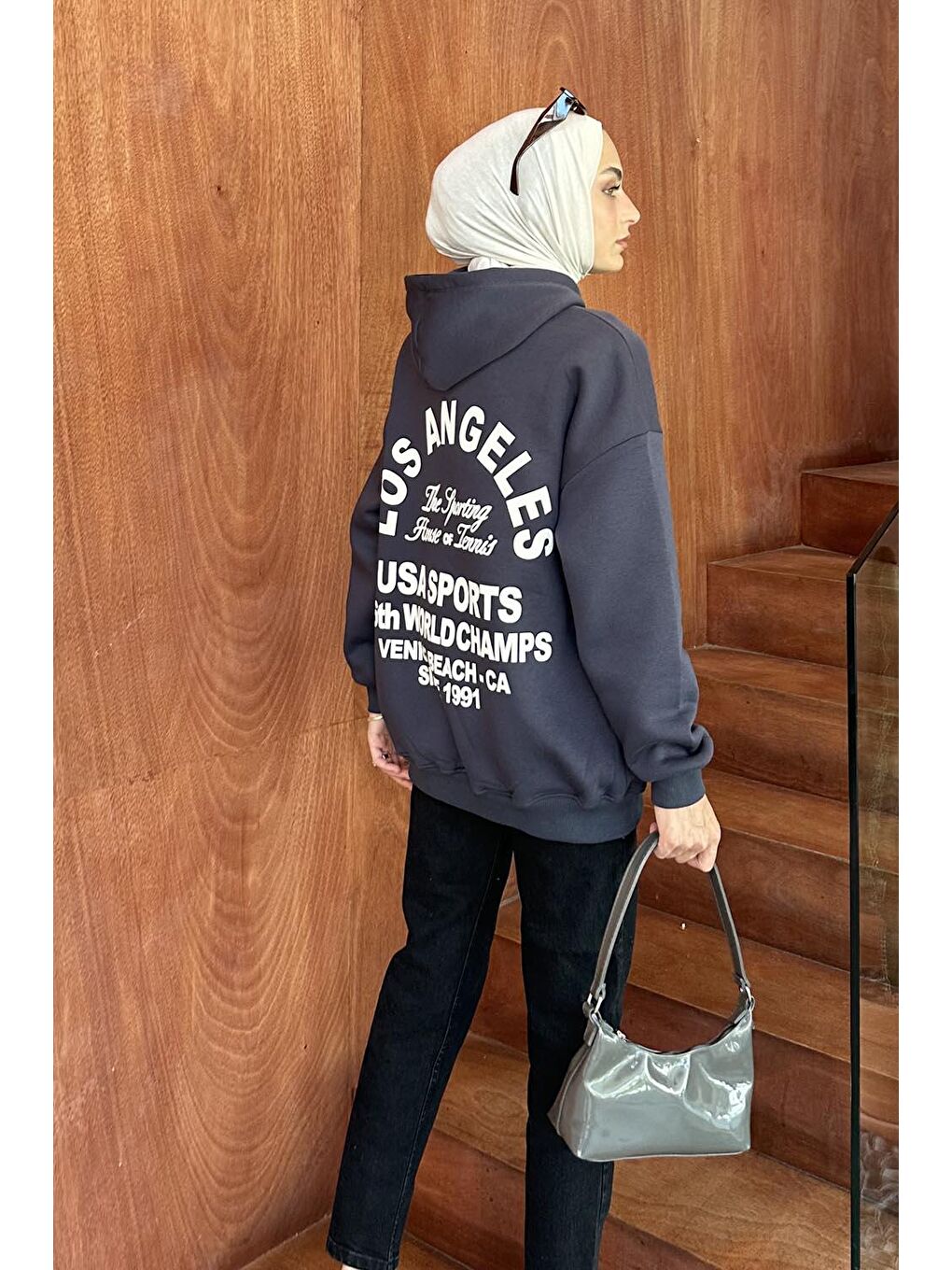 Gri Los Angeles Baskı Detaylı  Sweat Füme-3