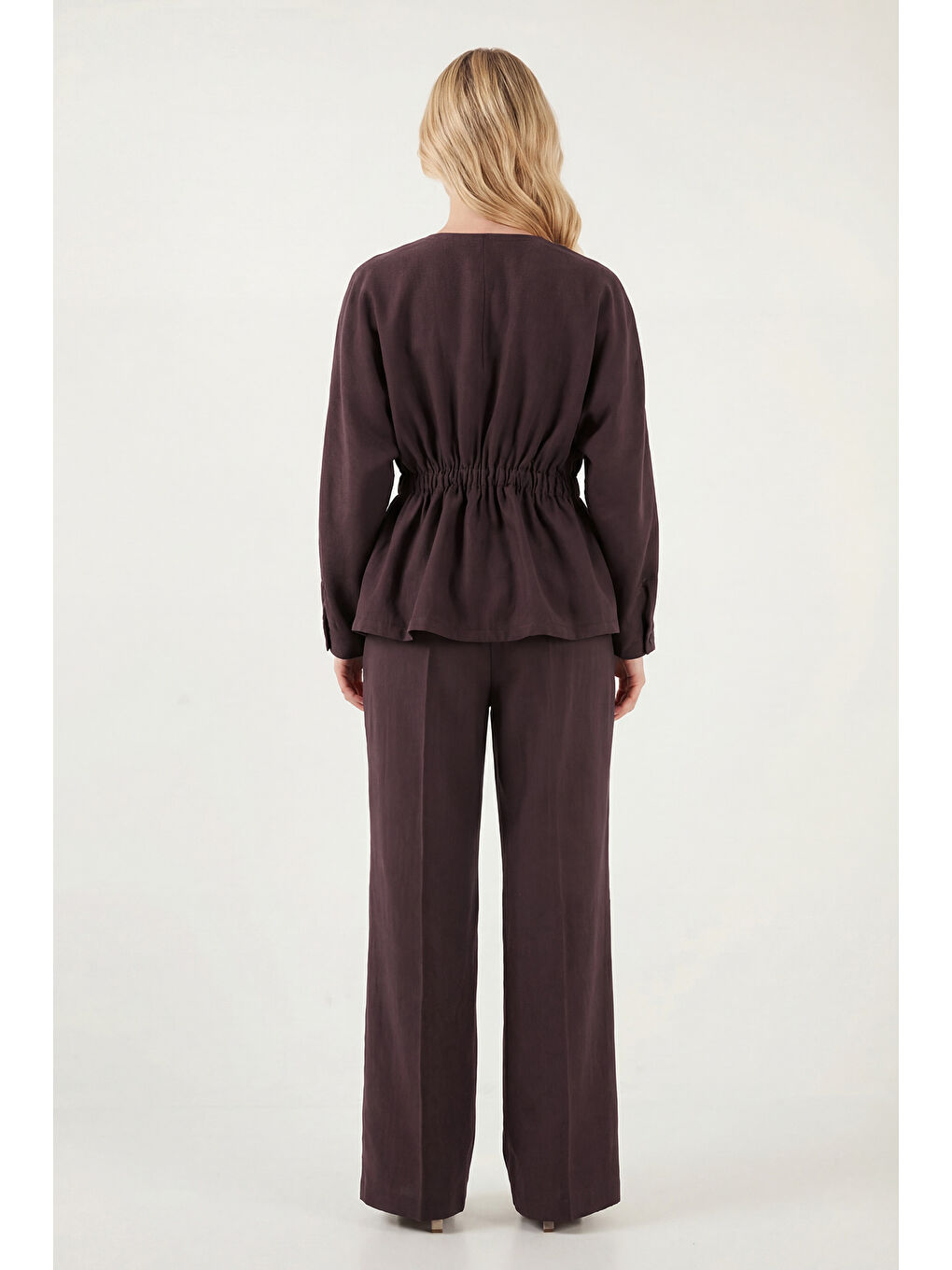 Mürdüm Düğmeli Bisiklet Yaka Yüksek Bel Geniş Paça Kadın Takım 6928930-6