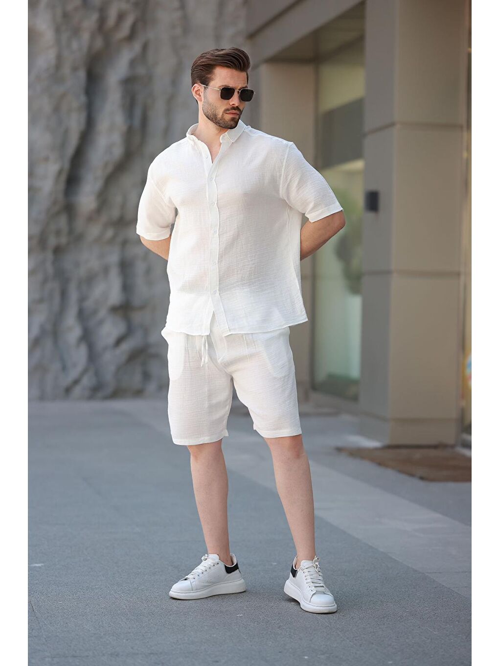 Beyaz Basic Erkek Şort Gömlek Takım E7321-3