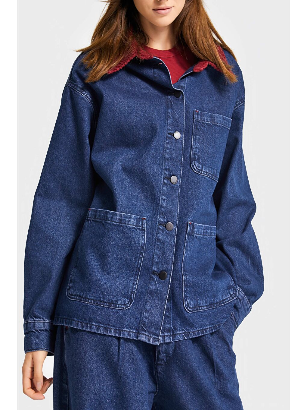 Kadın Koyu Mavi Renk 1w5-149 Oversize Yaka Detaylı Bol Kesim Özel Tasarım Denim Ceket-1