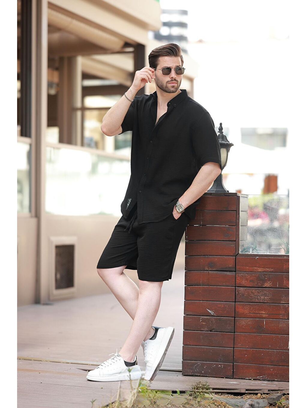 Siyah Basic Erkek Şort Gömlek Takım E7321-3