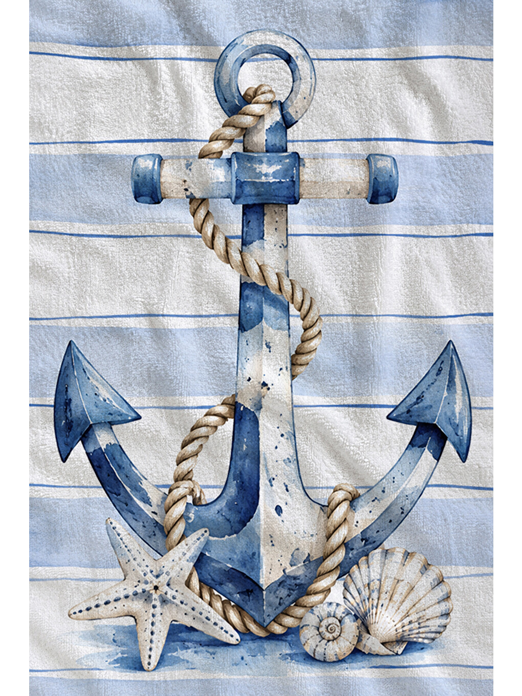 Nautical Çapa Halat Mavi Beyaz Çizgili Desenli 70x150 Plaj Havlusu - Dijital Baskılı Banyo Havlusu-2