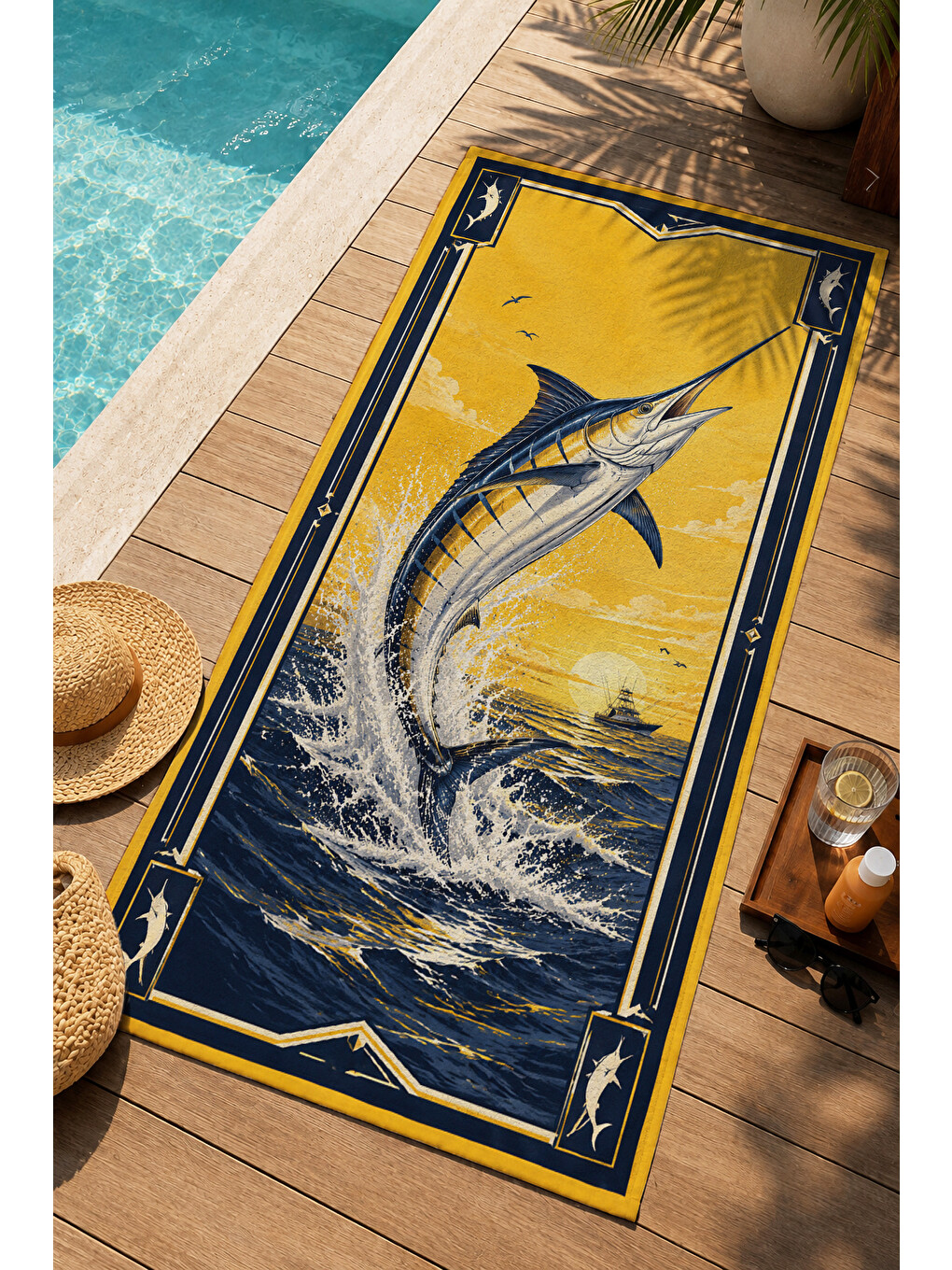 Vintage Marlin Balığı Sarı Desenli 70x150 Plaj Havlusu - Dijital Baskılı Solmaz Banyo Havlusu-4