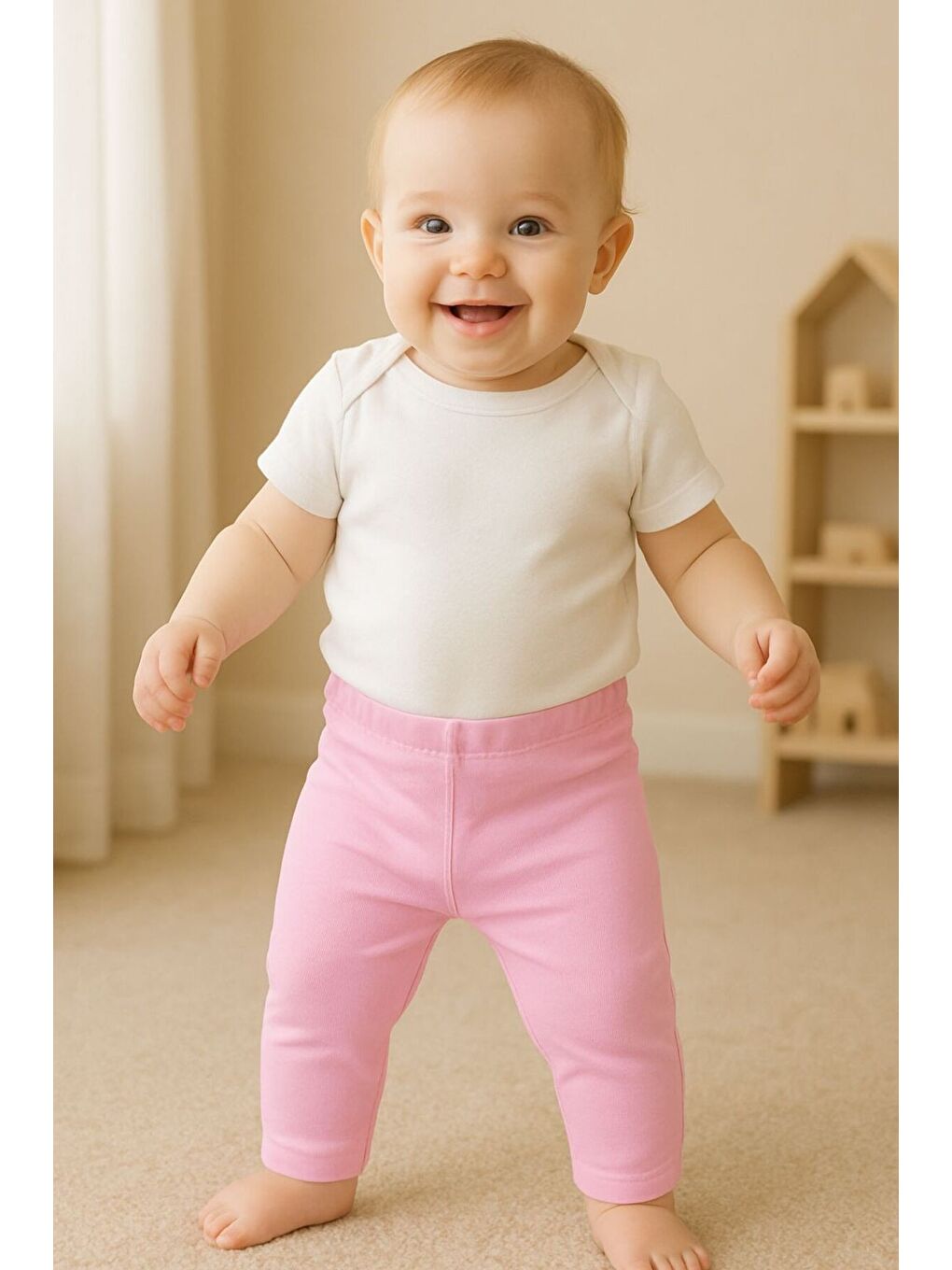 Pembe Unisex Bebek İkili Düz Renkli Organik Kumaş 2'li Tayt Seti İlkbahar Yazlık-4