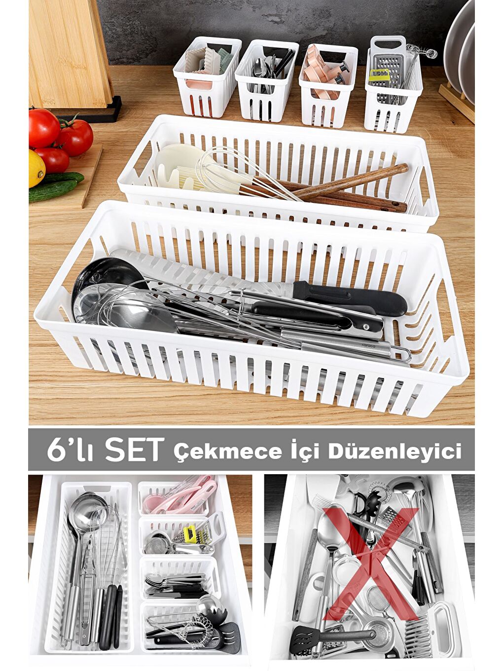 6 Parça Modüler Çekmece İçi Organizer Set - Banyo Mutfak Makyaj Aksesuar Ofis Düzenleyici Beyaz